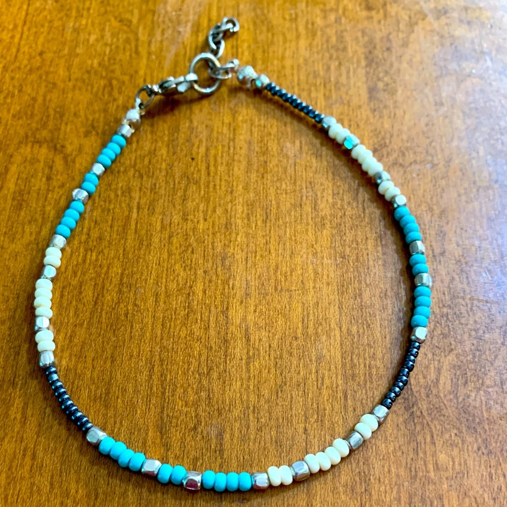 Cream, Silver, Hematite & Turquoise Color Sead Bead Anklet